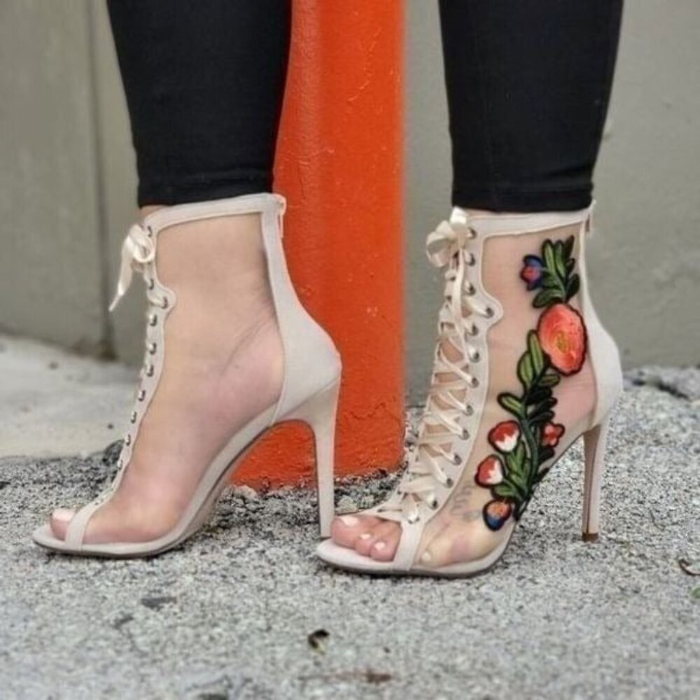 Women Ankle Open Toe‎ High Heel Booties Lace Up Nude Color